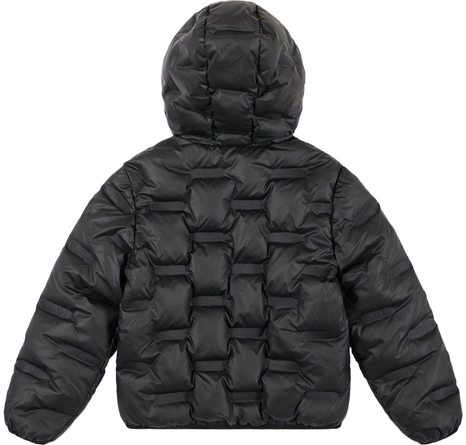 Iceberg KIDS - Iceberg Black Hooded Down Jacket with Allover Logo Zwart
