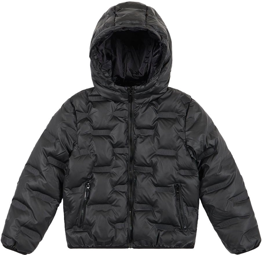 Iceberg KIDS - Iceberg Black Hooded Down Jacket with Allover Logo Zwart