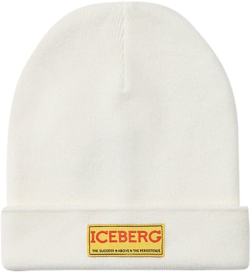 Iceberg KIDS - Vanilla wool beanie with yellow tag and Iceberg logo on the front Wit