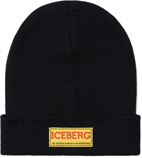 Iceberg KIDS - Black wool beanie with yellow tag and Iceberg logo on the front Zwart