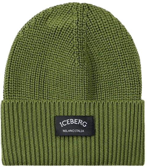 Iceberg KIDS - Military green wool beanie hat with black patch and Iceberg logo Groen