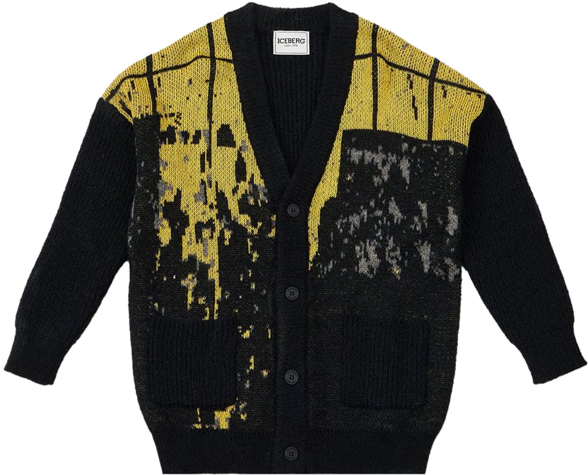 Iceberg KIDS - Black wool cardigan with yellow and white patterned details Zwart