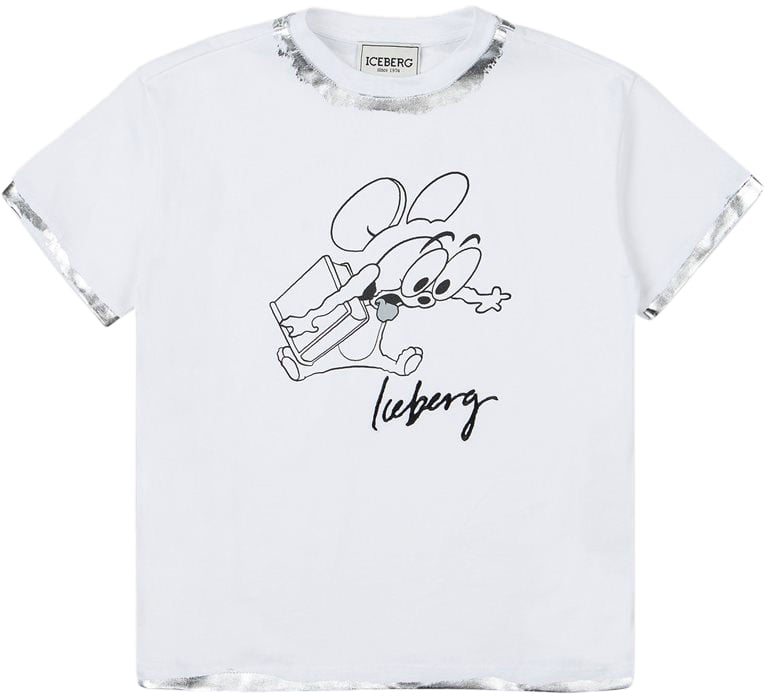 Iceberg KIDS - White short-sleeved T-shirt with a stylized Looney Tunes Jerry and Iceberg logo on the front and edg Wit