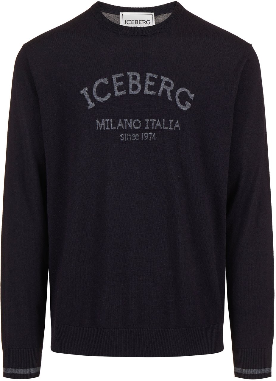 Iceberg Classic blue crewneck sweater in extra-fine merino with Iceberg Milano Italia logo Blauw
