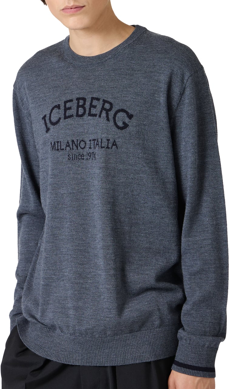 Iceberg Dark grey melange crewneck sweater in extrafine merino with Iceberg Milano Italia logo Grijs