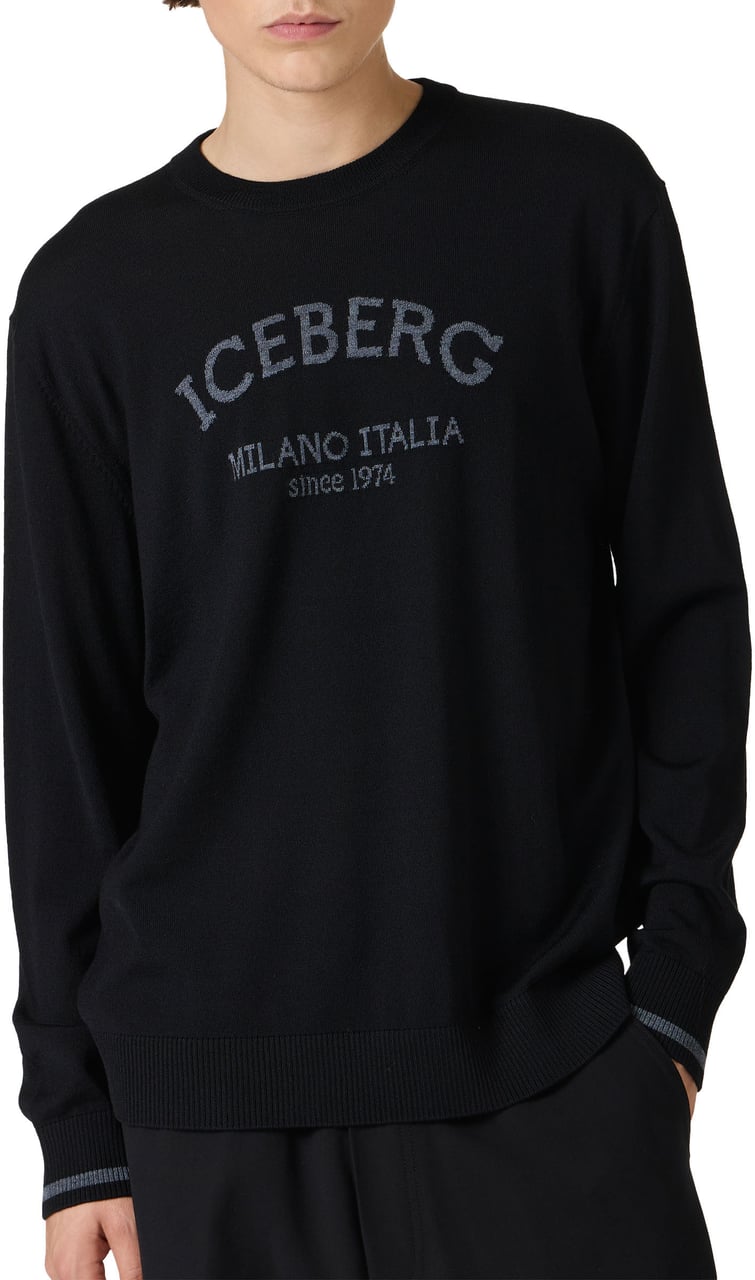 Iceberg Black crewneck sweater in extra-fine merino with Iceberg Milano Italia logo Zwart