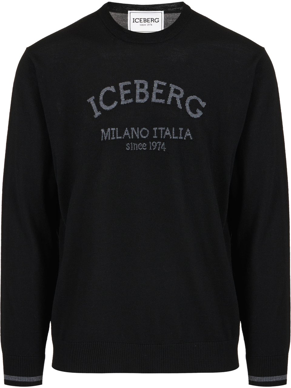 Iceberg Black crewneck sweater in extra-fine merino with Iceberg Milano Italia logo Zwart