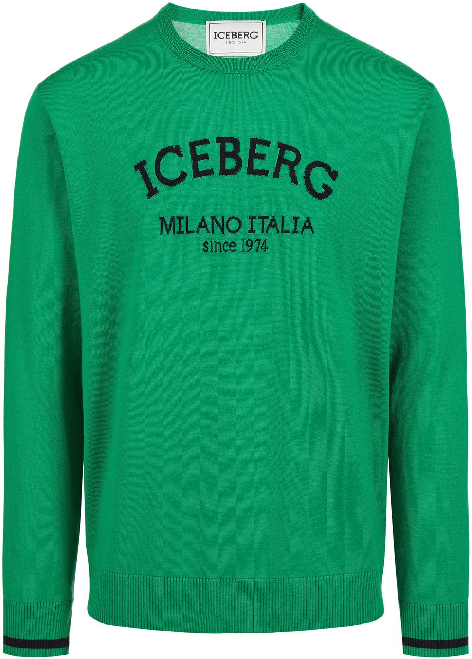 Iceberg Emerald green crewneck sweater in extra-fine merino with Iceberg Milano Italia logo Groen