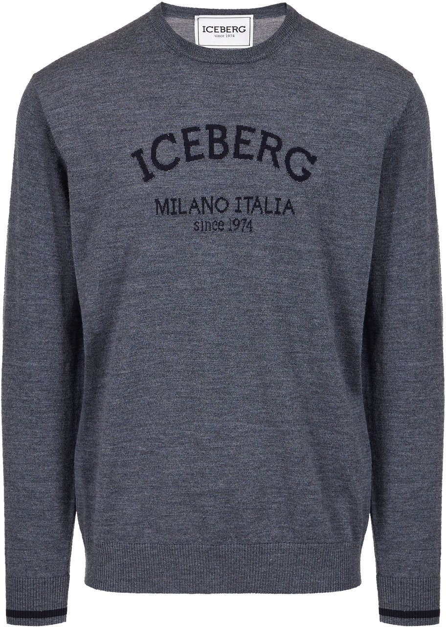Iceberg Dark grey melange crewneck sweater in extrafine merino with Iceberg Milano Italia logo Grijs