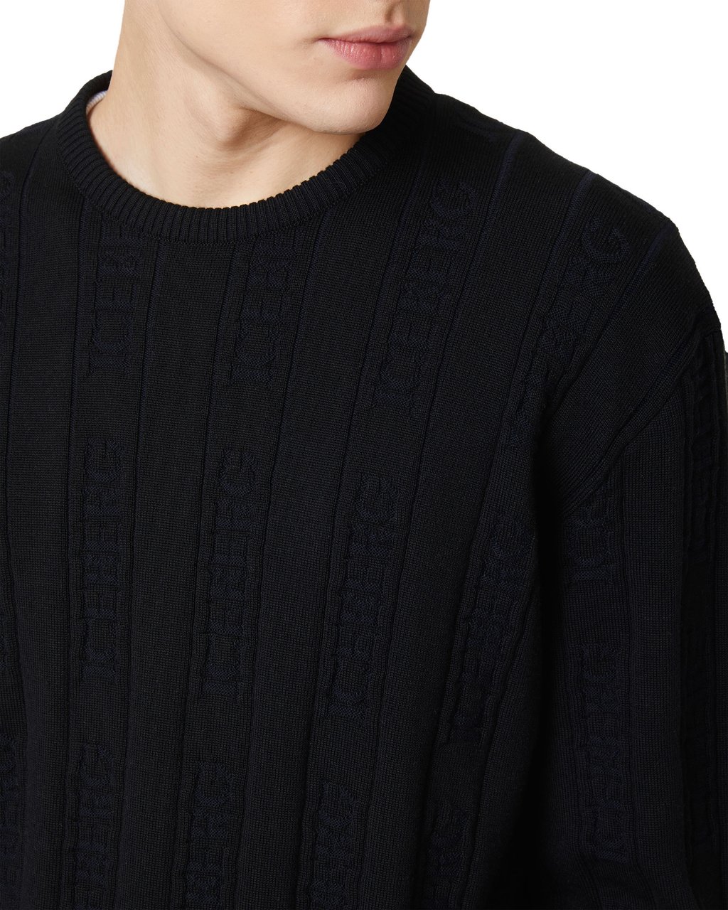 Iceberg Black Crewneck Sweater in Extrafine Merino Wool Zwart