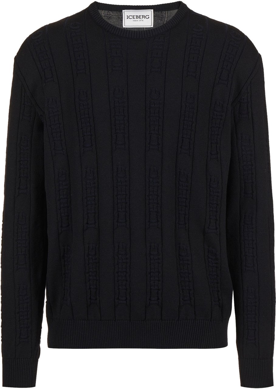 Iceberg Black Crewneck Sweater in Extrafine Merino Wool Zwart