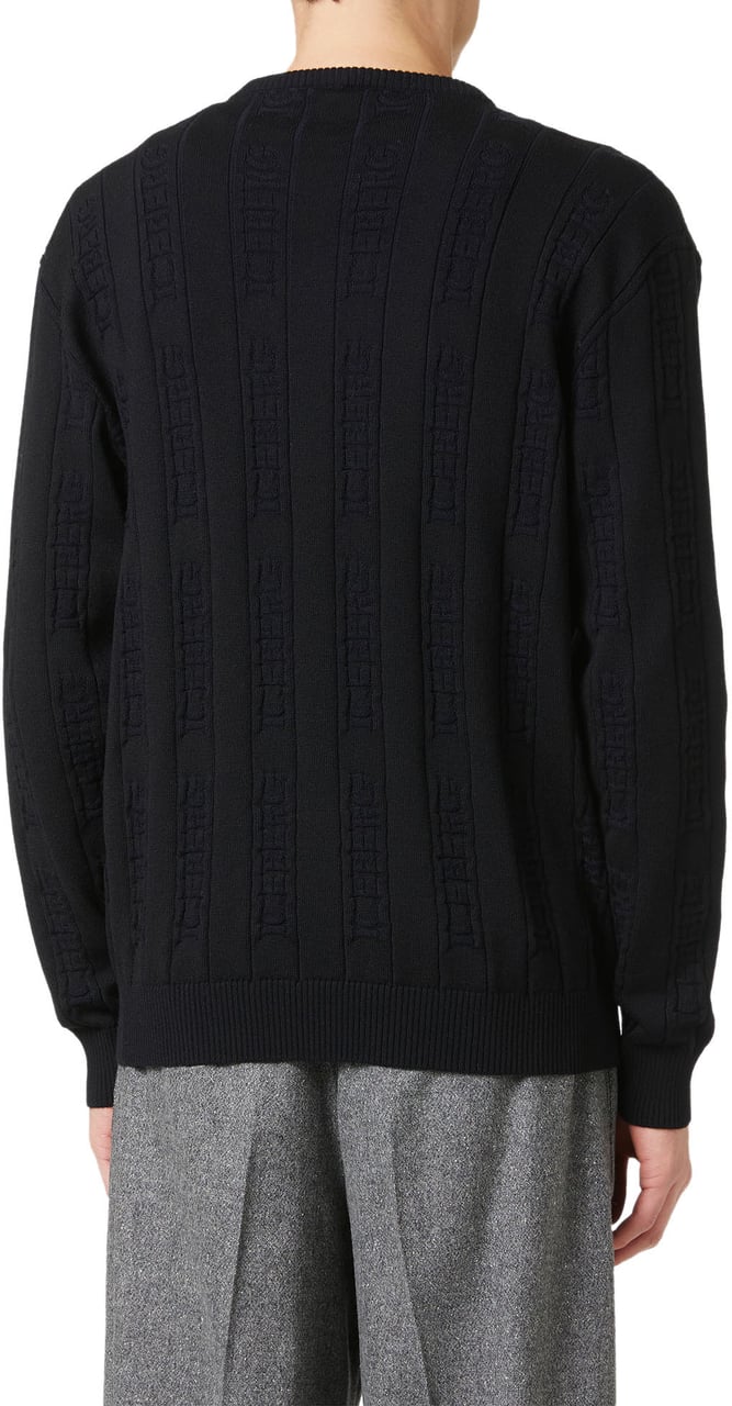 Iceberg Black Crewneck Sweater in Extrafine Merino Wool Zwart