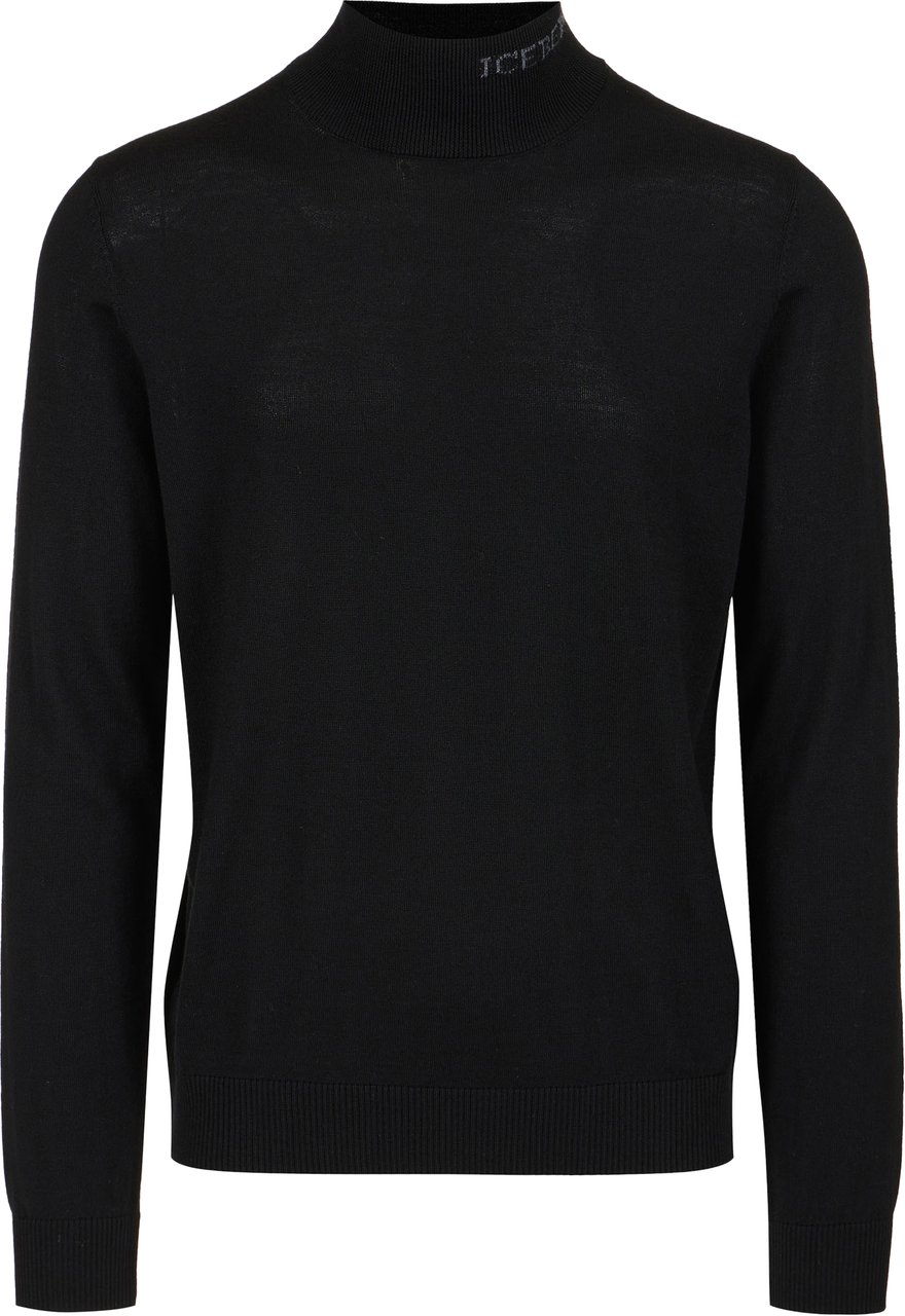 Iceberg Black slim fit turtleneck sweater in merino with contrasting Iceberg logo Zwart