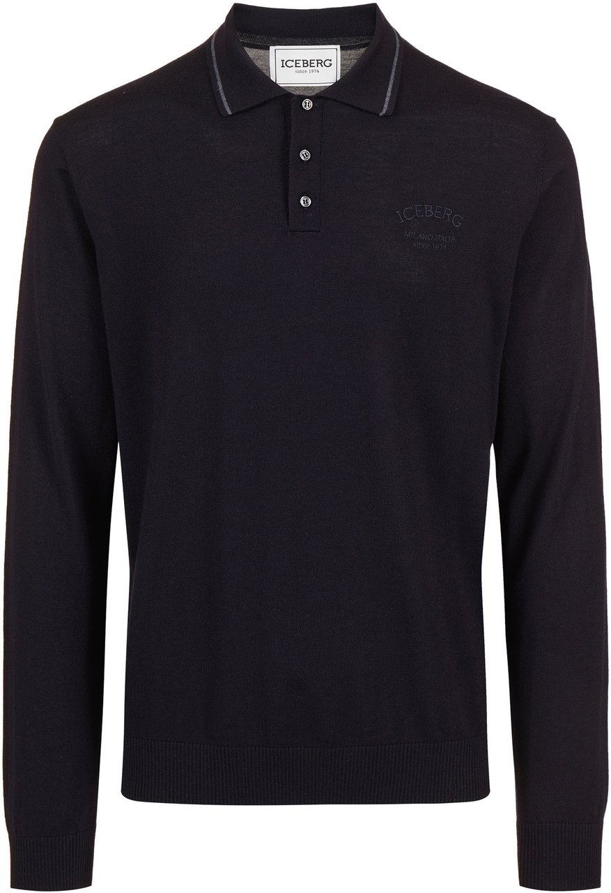 Iceberg Classic blue polo in extra-fine merino with custom embroidery Blauw