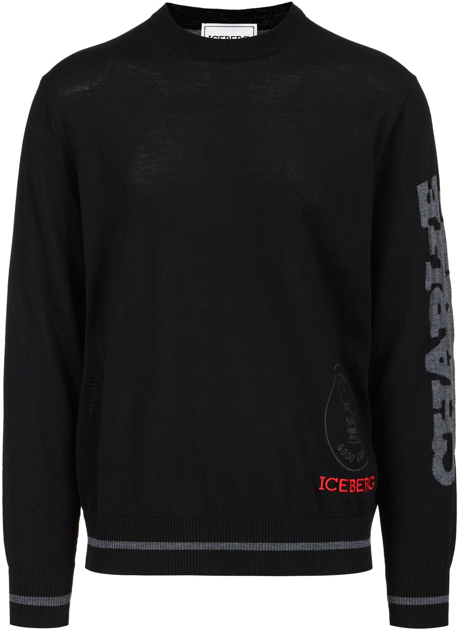 Iceberg Crewneck sweater new regular fit in black extrafine merino Zwart