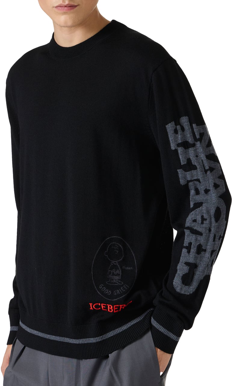 Iceberg Crewneck sweater new regular fit in black extrafine merino Zwart