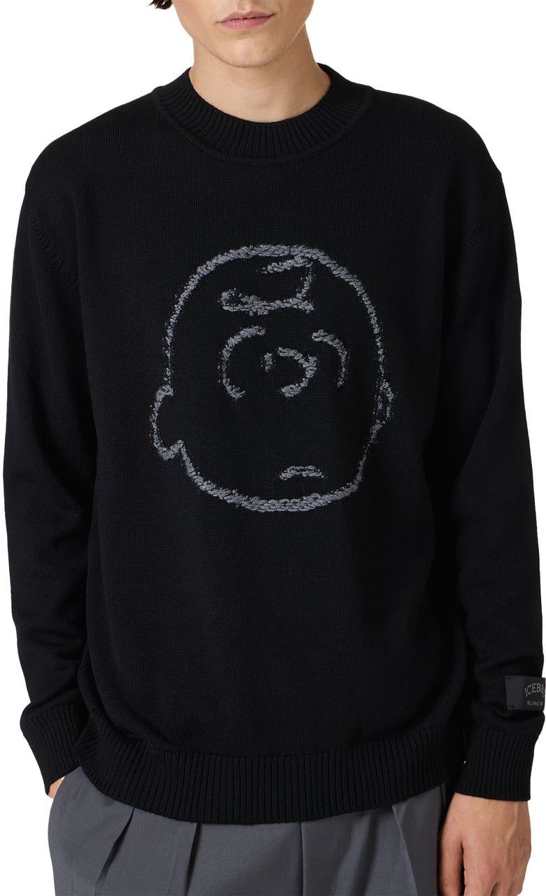 Iceberg New regular fit crew neck sweater in black extra-fine merino wool Zwart