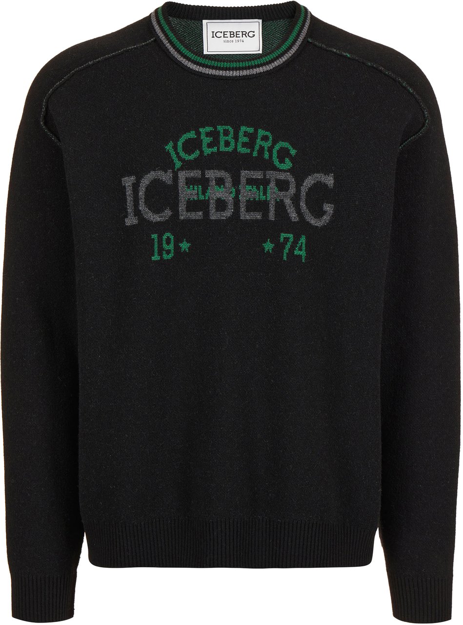 Iceberg New regular fit crew neck sweater in black extra-fine merino Zwart