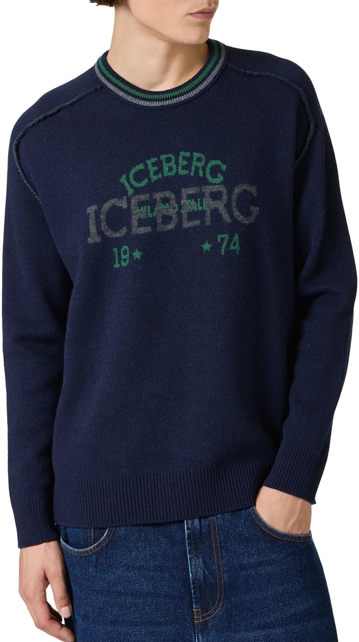 Iceberg New regular fit crew neck sweater in classic blue extra-fine merino wool Blauw