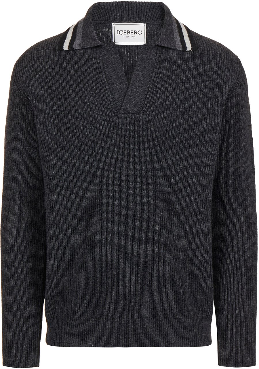 Iceberg Grey melange wool and nylon polo with striped collar Grijs