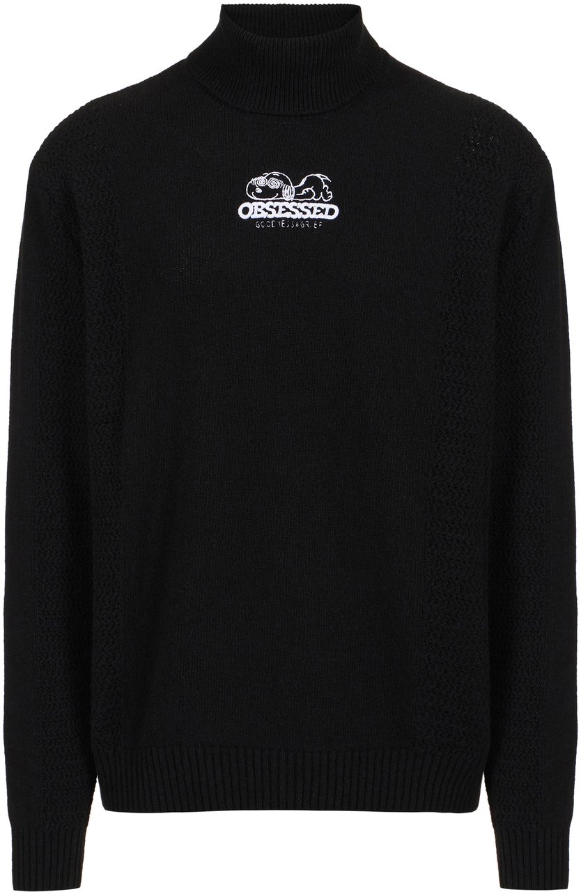 Iceberg Black turtleneck sweater with cartoon embroidery and mixed stitch work Zwart