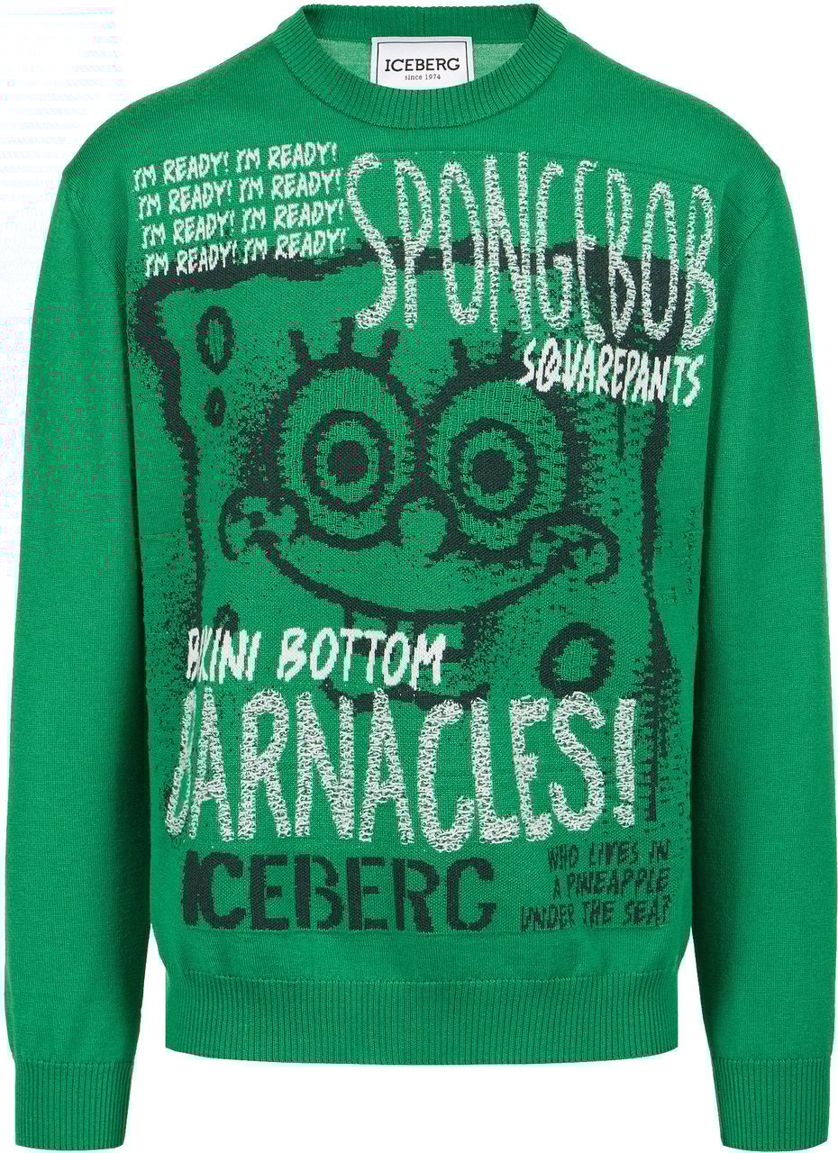 Iceberg Lettuce green crewneck sweater in extrafine merino wool with cartoon inlay Groen