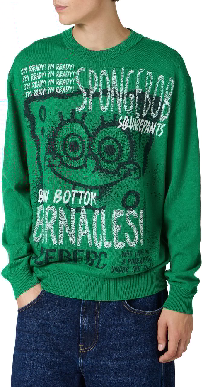 Iceberg Lettuce green crewneck sweater in extrafine merino wool with cartoon inlay Groen