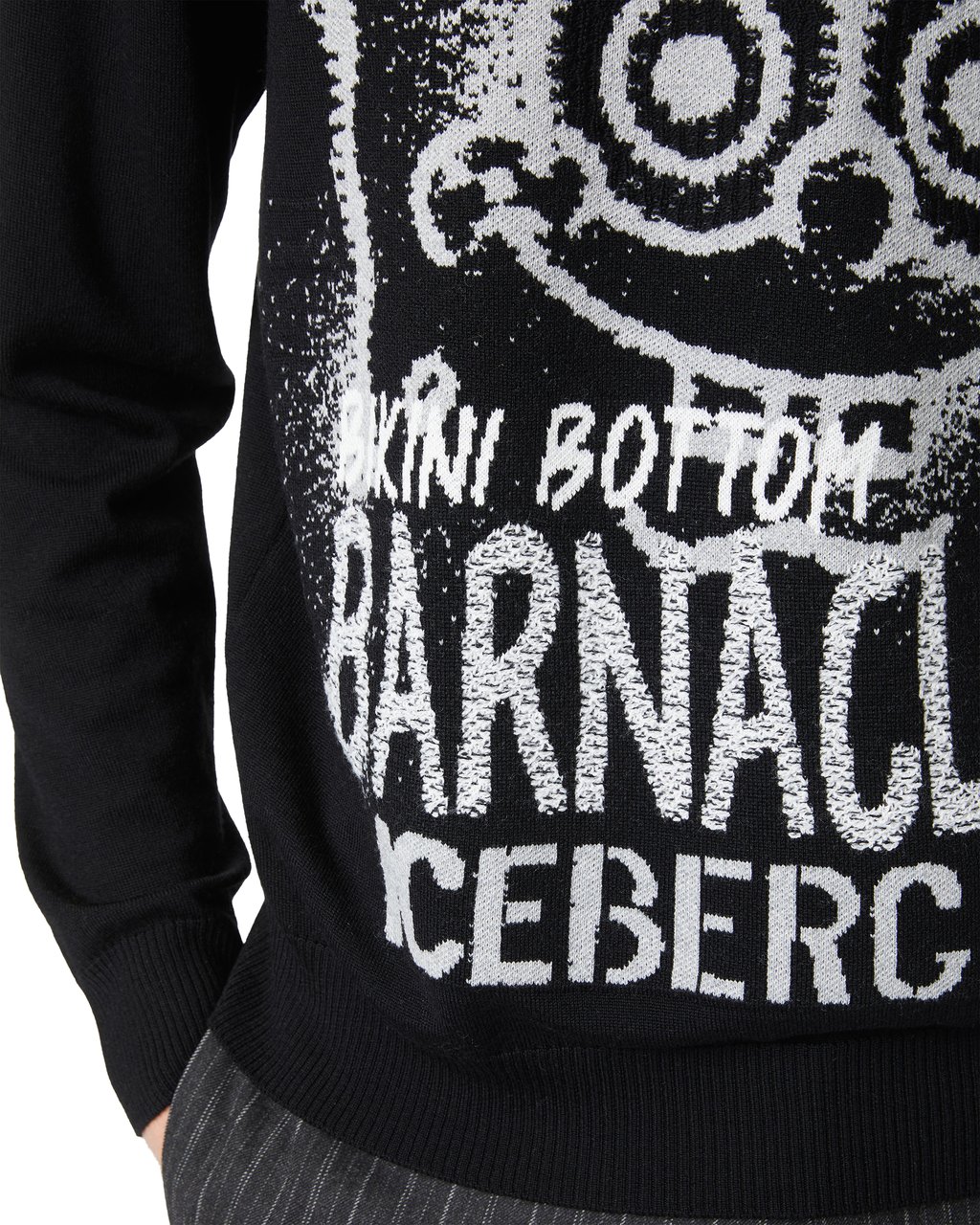 Iceberg Black crewneck sweater in extrafine merino wool with cartoon inlay Zwart