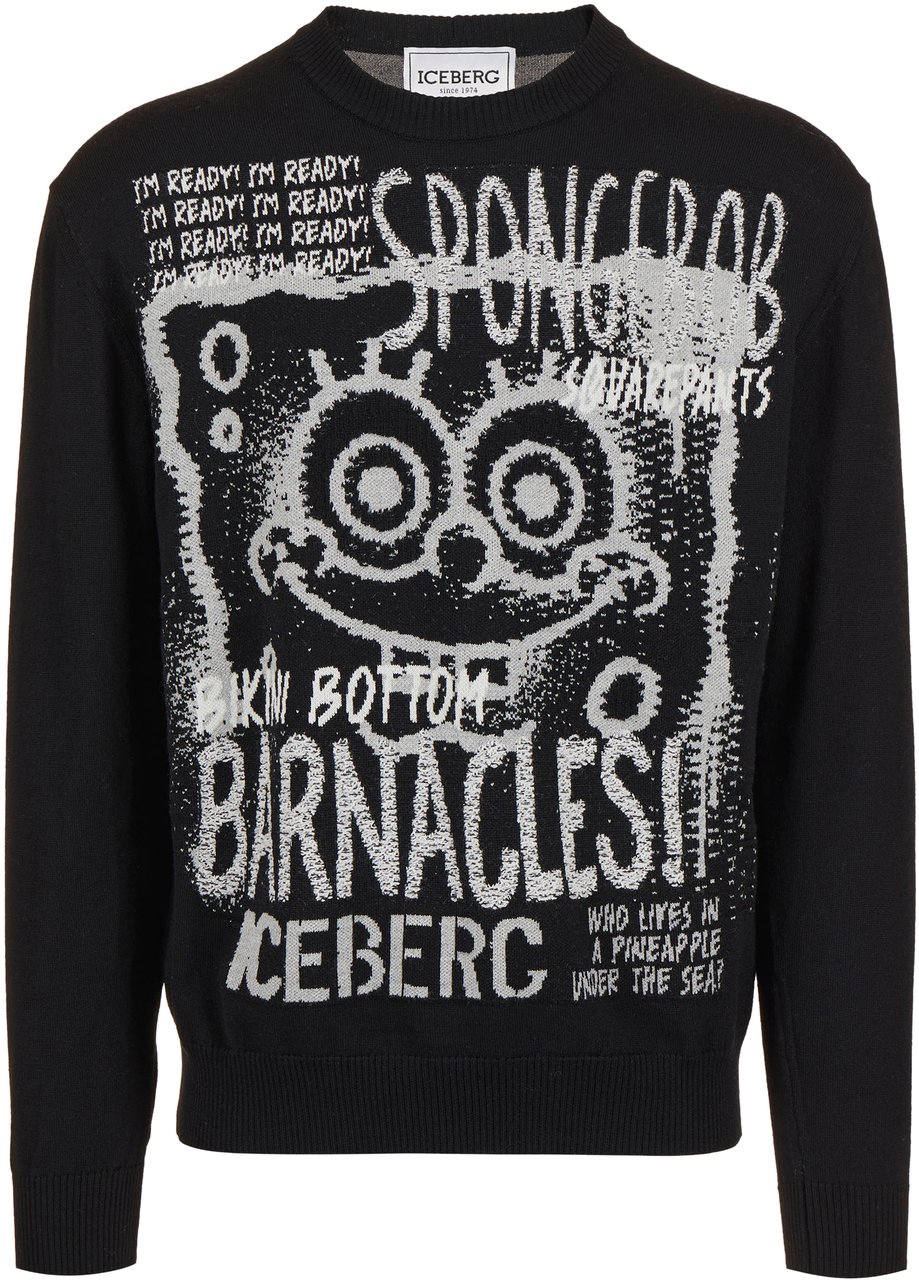 Iceberg Black crewneck sweater in extrafine merino wool with cartoon inlay Zwart