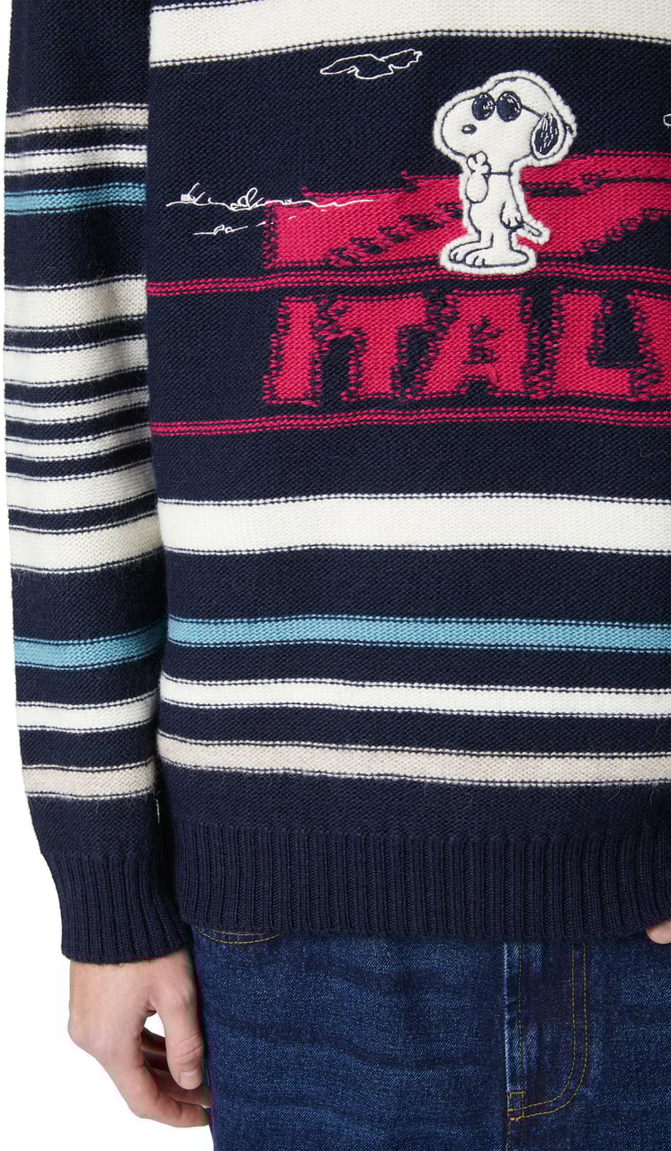 Iceberg Dark blue crewneck sweater with stripes and inlaid Snoopy Blauw