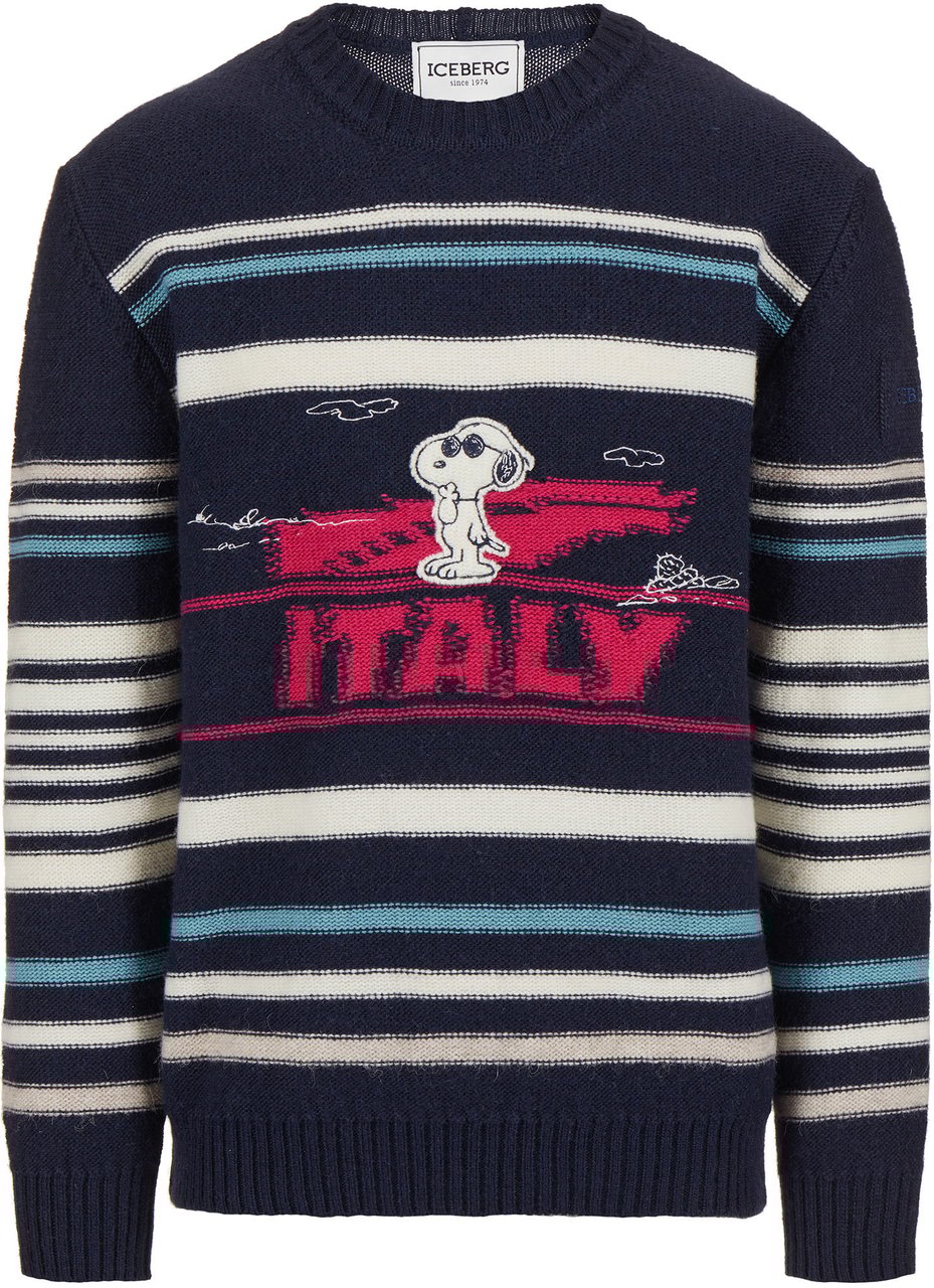 Iceberg Dark blue crewneck sweater with stripes and inlaid Snoopy Blauw