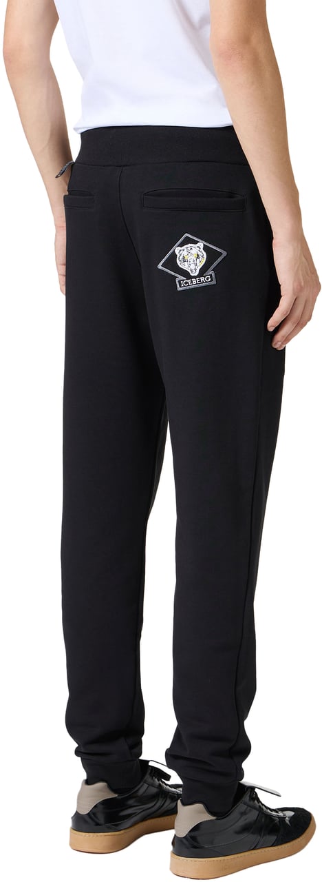 Iceberg Regular fit trousers in black cotton fleece with embroidered bear patch Zwart