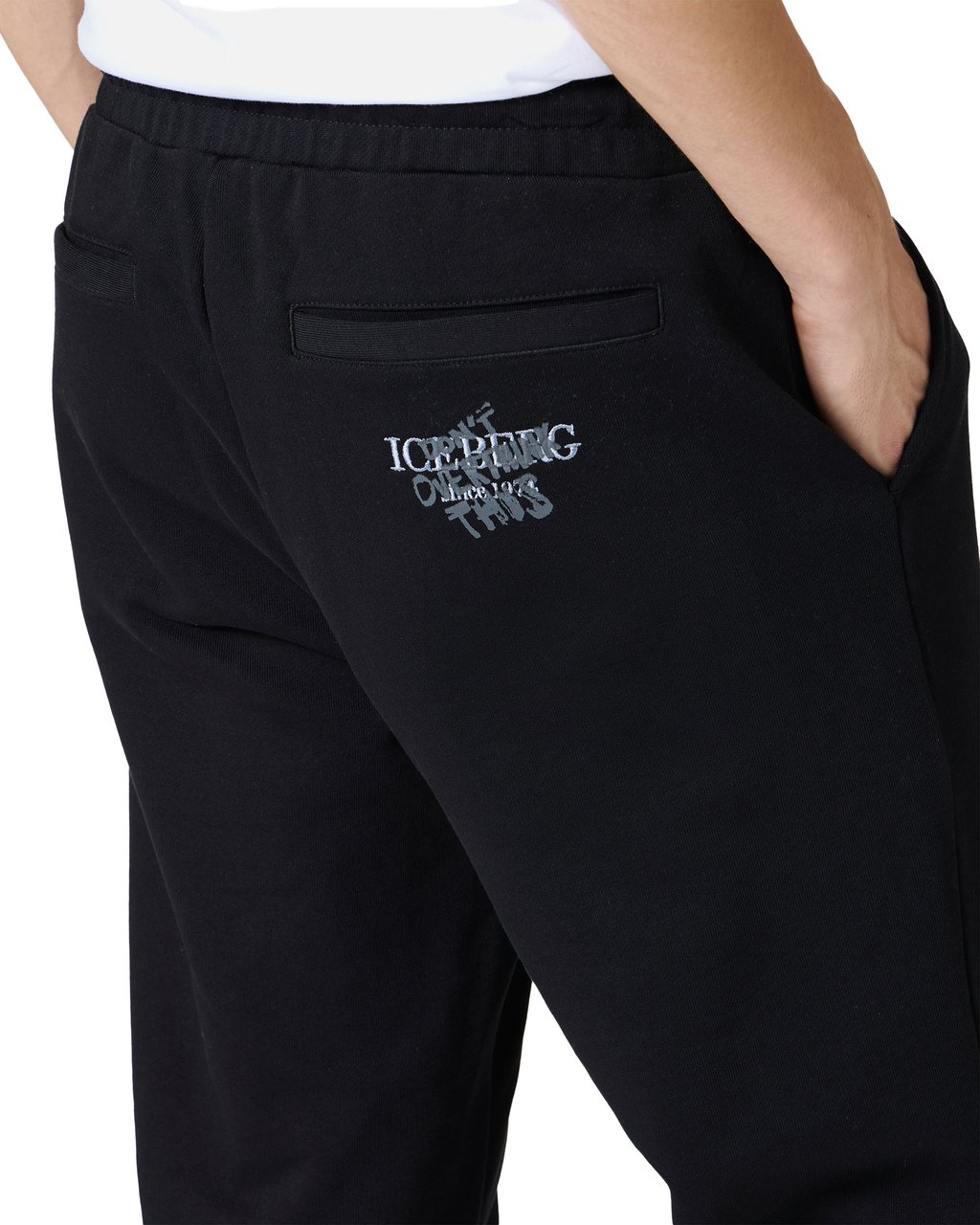 Iceberg Straight leg fit trousers in black cotton fleece with "Dont Overthink This" print Zwart