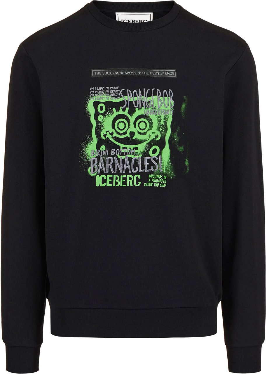 Iceberg Black slim fit crewneck sweatshirt with SpongeBob prints and embroidery Zwart