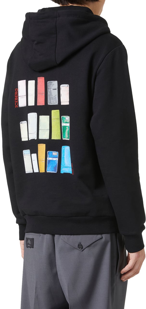 Iceberg Black slim fit hoodie with Fridge print and Iceberg logo Zwart