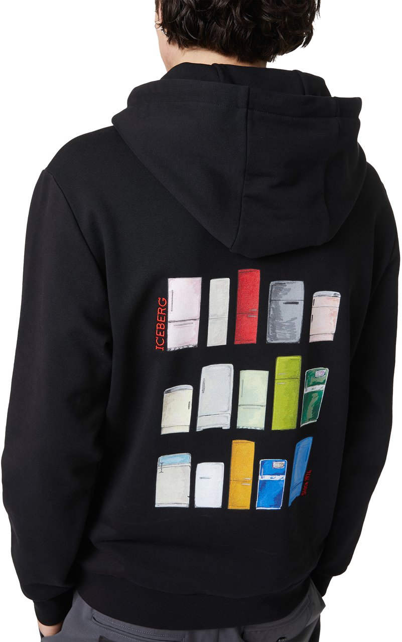 Iceberg Black slim fit hoodie with Fridge print and Iceberg logo Zwart