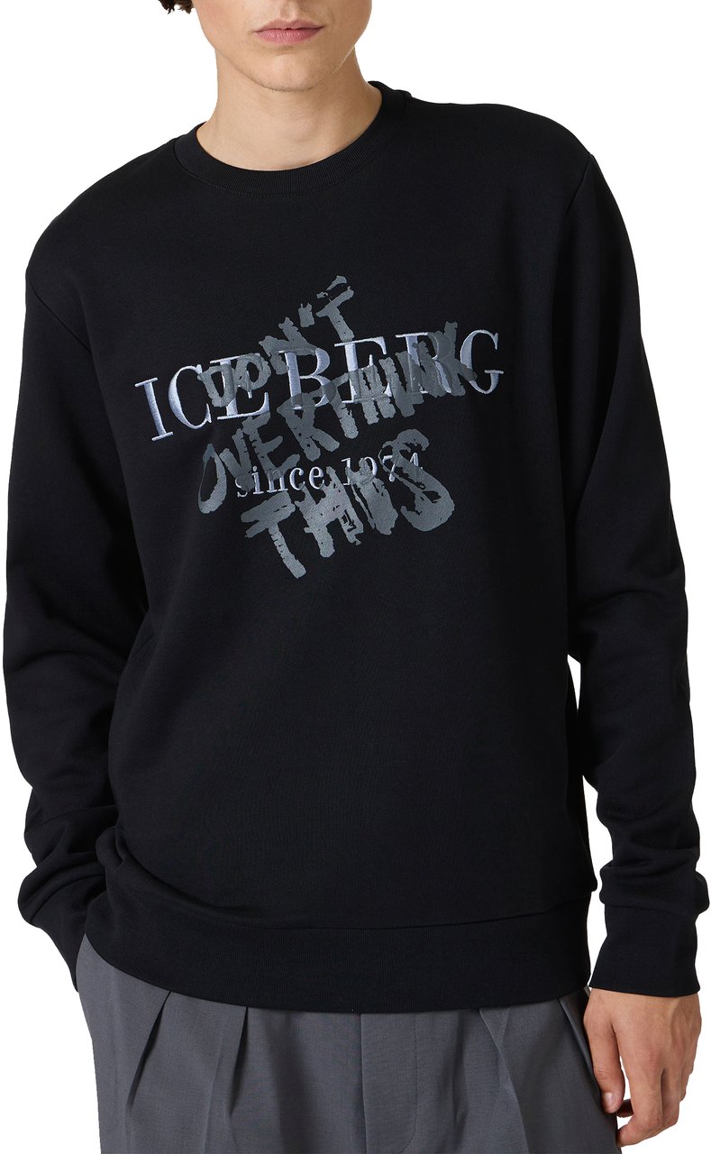 Iceberg Regular fit black crewneck sweatshirt with embroidered institutional Iceberg logo Zwart