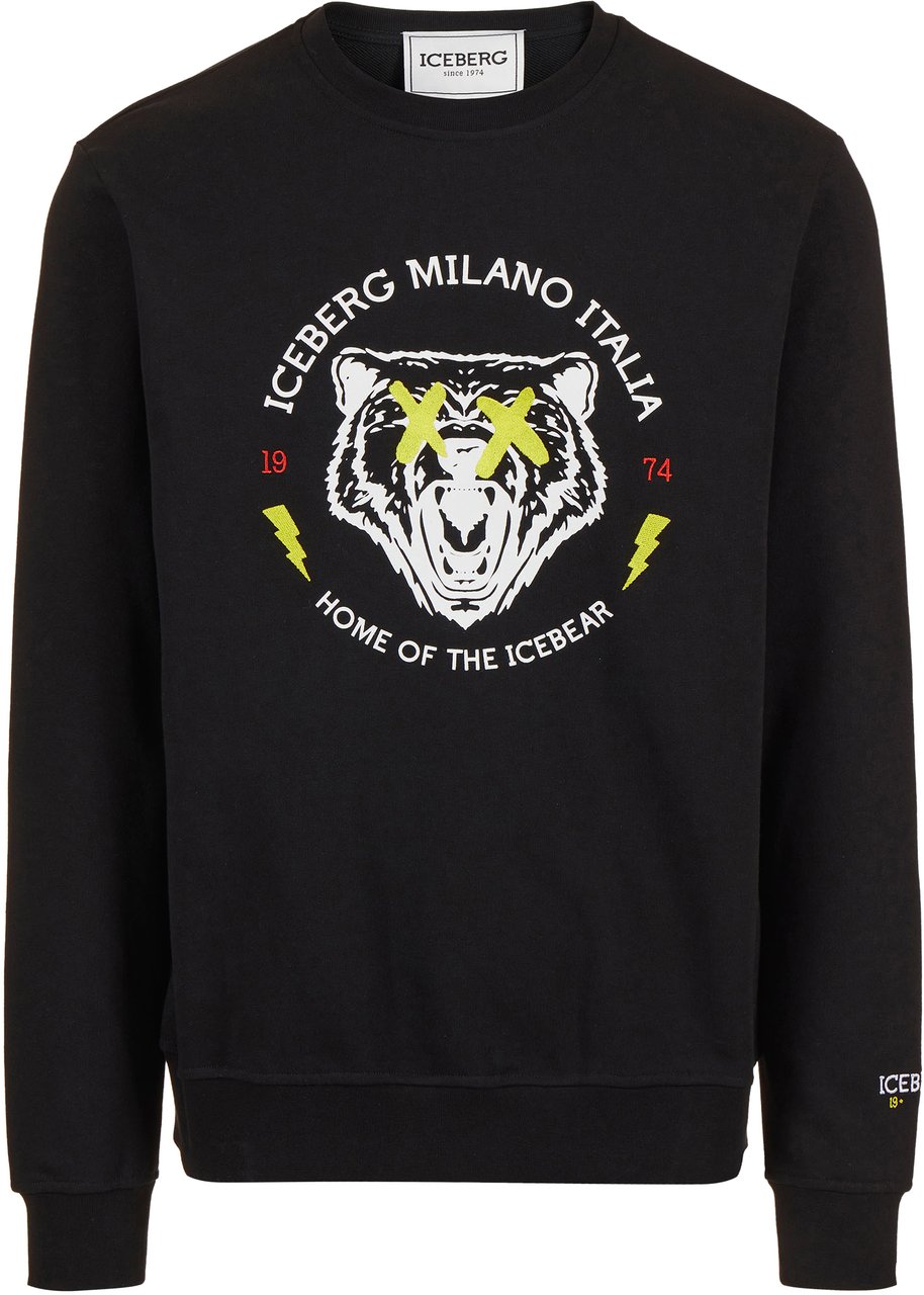 Iceberg Regular fit crewneck sweatshirt in black cotton with bear print Zwart