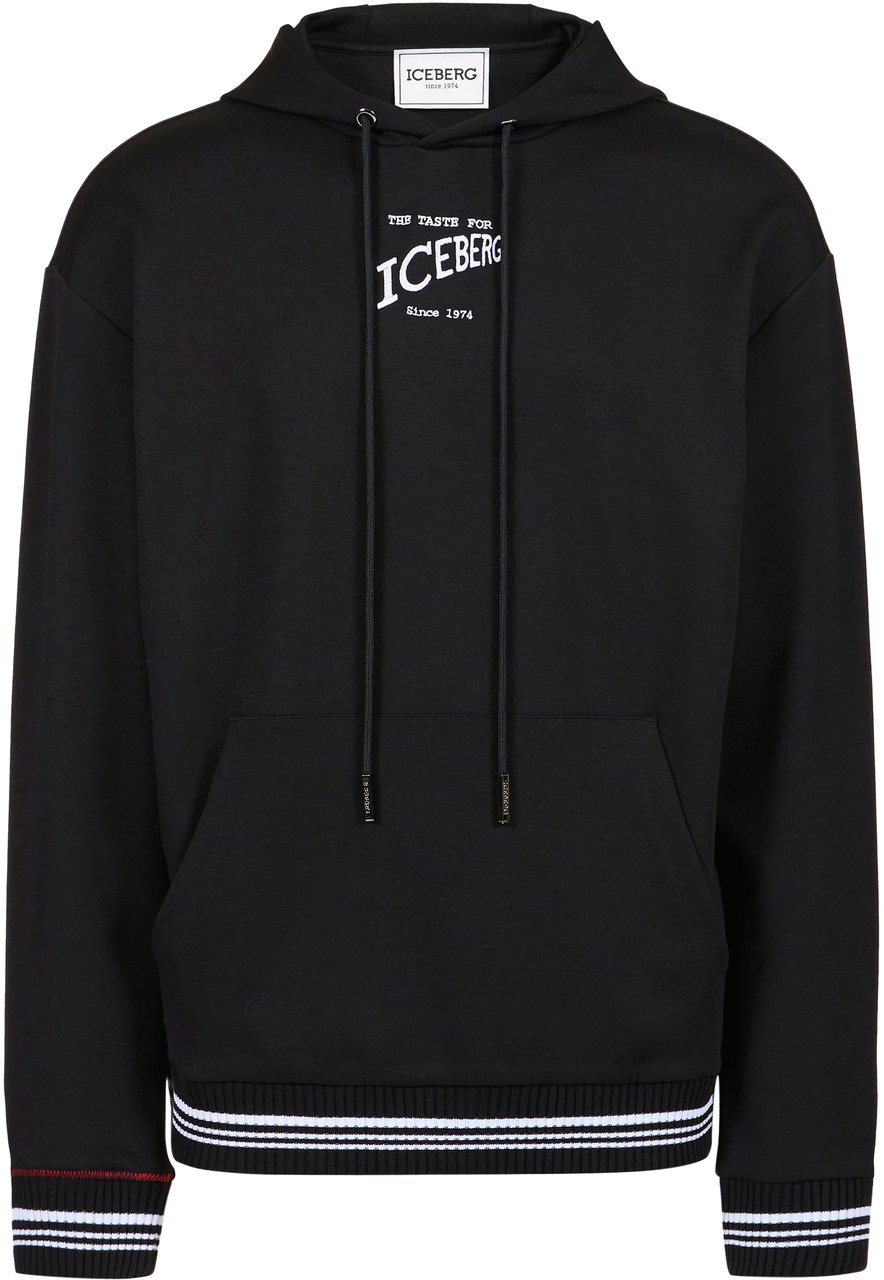 Iceberg Regular fit hoodie in black scuba with Iceberg logo embroidery and striped ribs Zwart