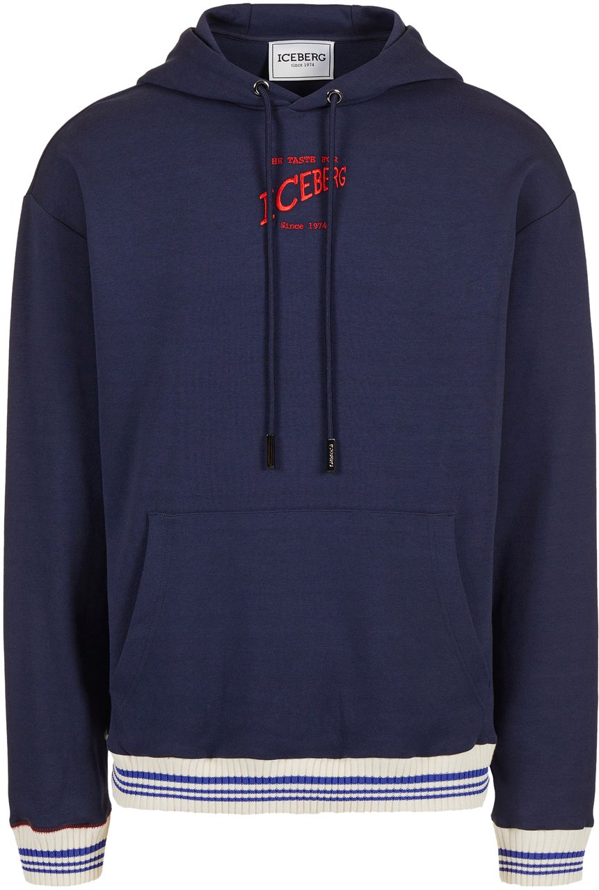 Iceberg Regular fit hoodie in blue scuba with Iceberg logo embroidery and striped ribs Blauw