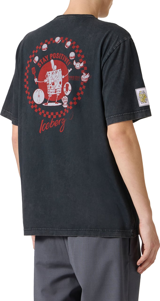 Iceberg Regular-fit black T-shirt in garment-dyed jersey with SpongeBob details Zwart