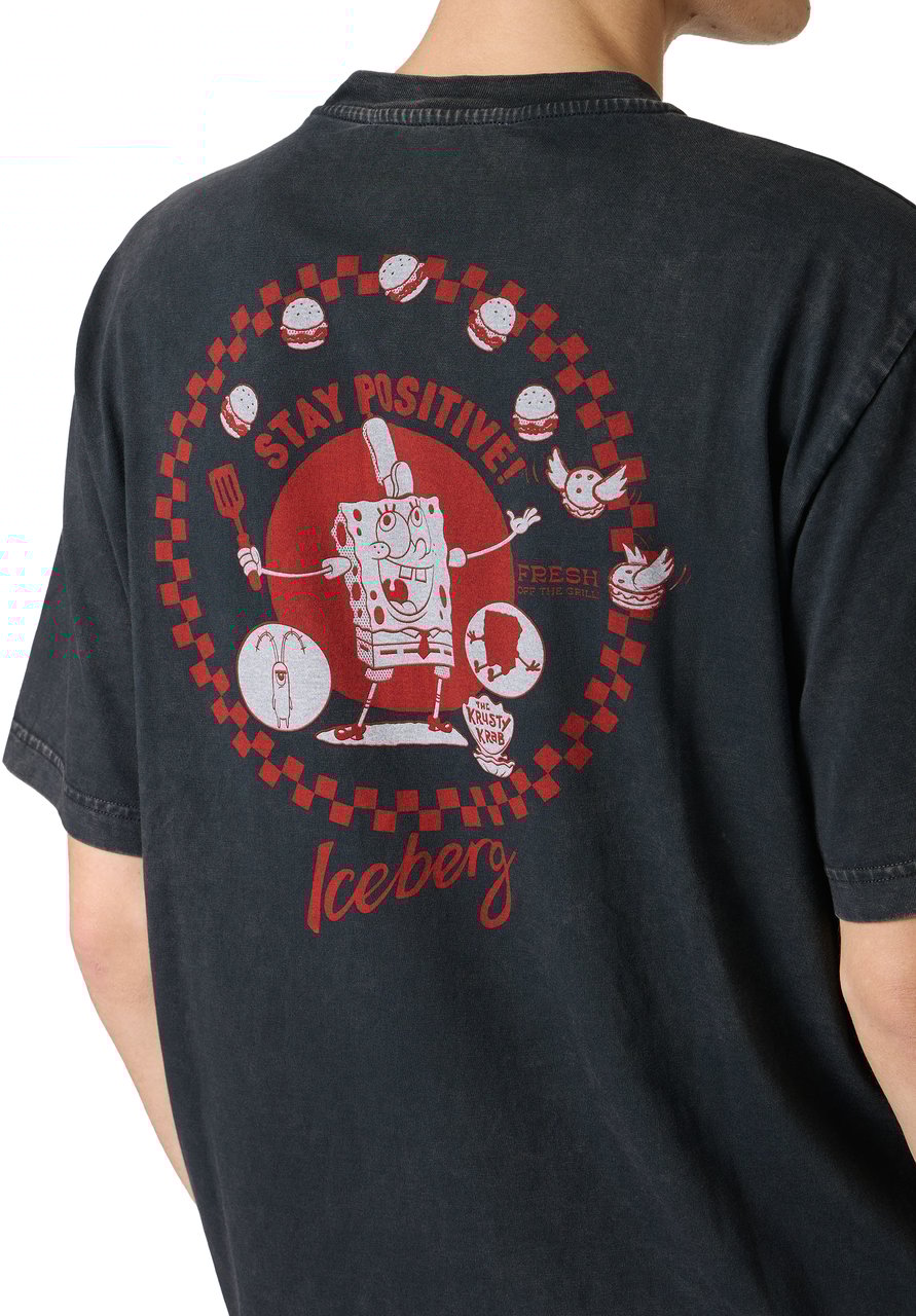 Iceberg Regular-fit black T-shirt in garment-dyed jersey with SpongeBob details Zwart