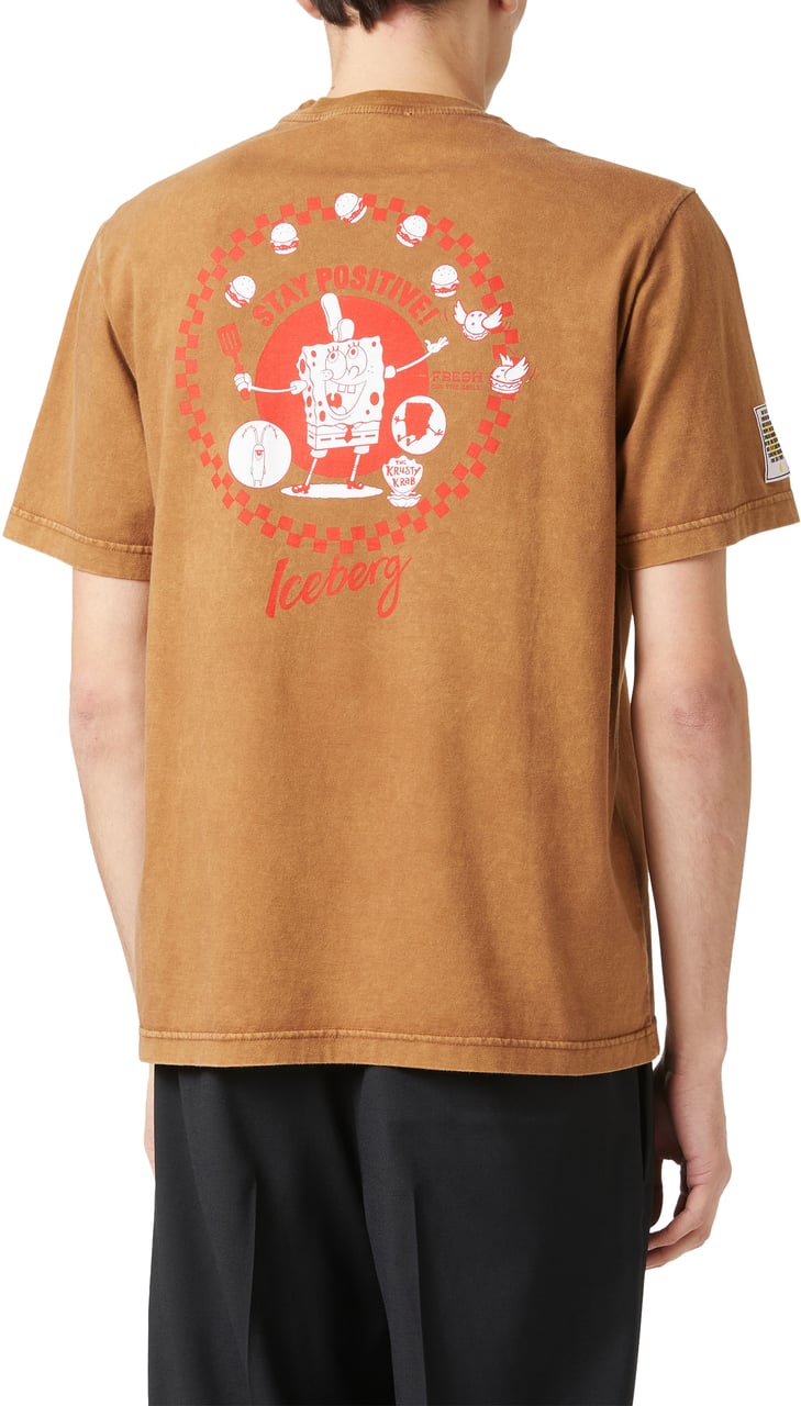 Iceberg Regular-fit hazelnut-colored T-shirt in garment-dyed jersey with SpongeBob details Bruin