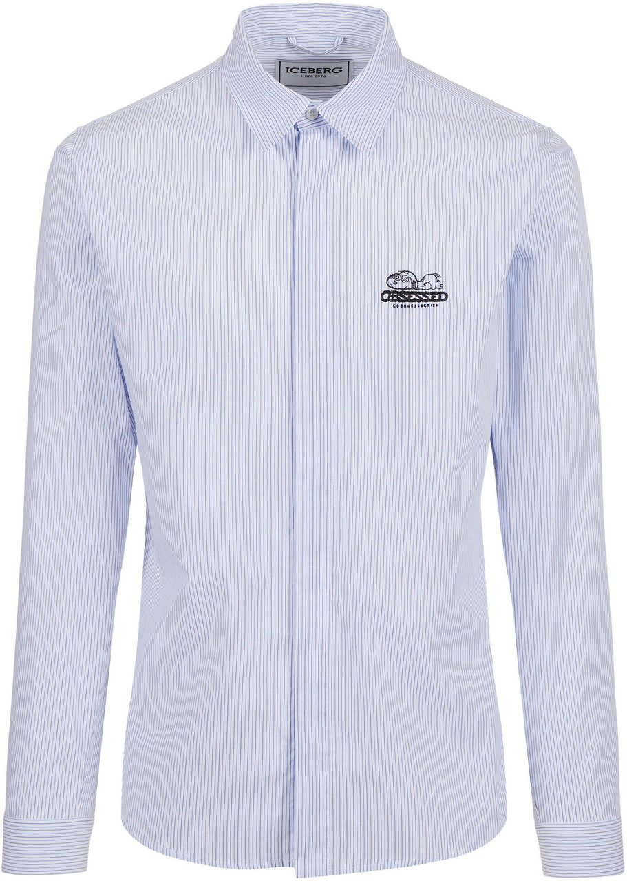 Iceberg Regular fit white and blue striped poplin shirt with Snoopy embroidery and metallic detail Zwart
