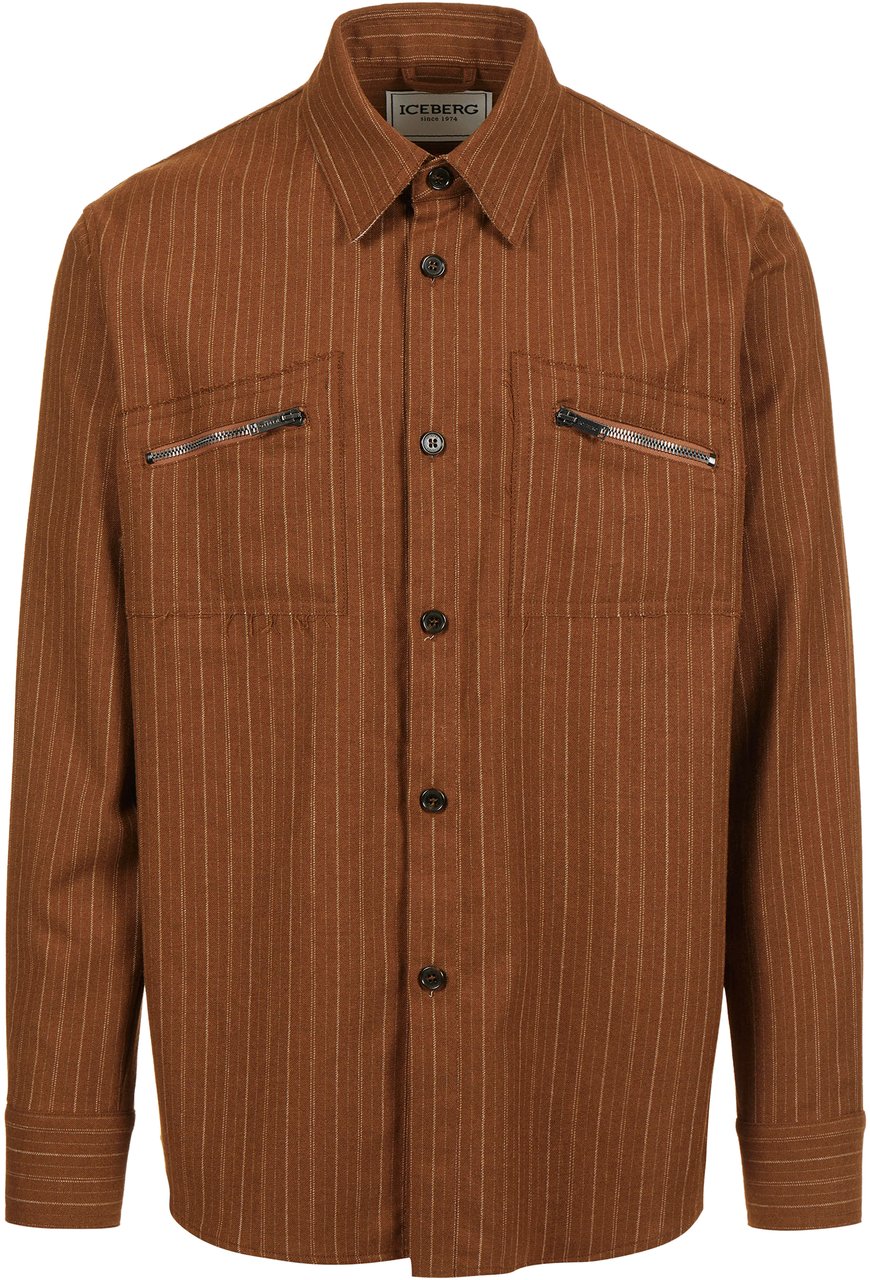 Iceberg Regular fit hazelnut shirt in cool pinstriped wool with shaped pockets and Iceberg logo zip Zwart