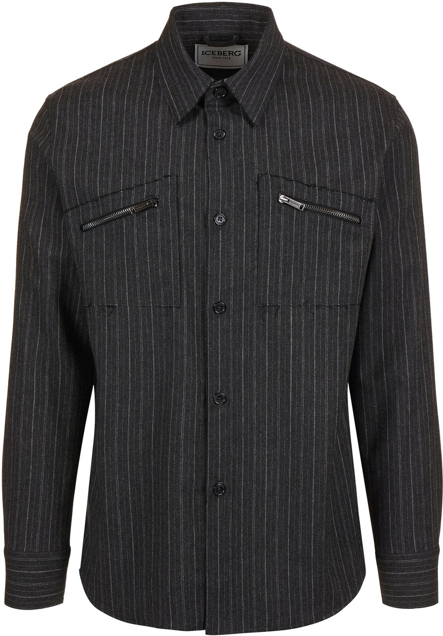 Iceberg Dark grey regular fit shirt in cool pinstriped wool with shaped pockets and Iceberg logo zip Zwart