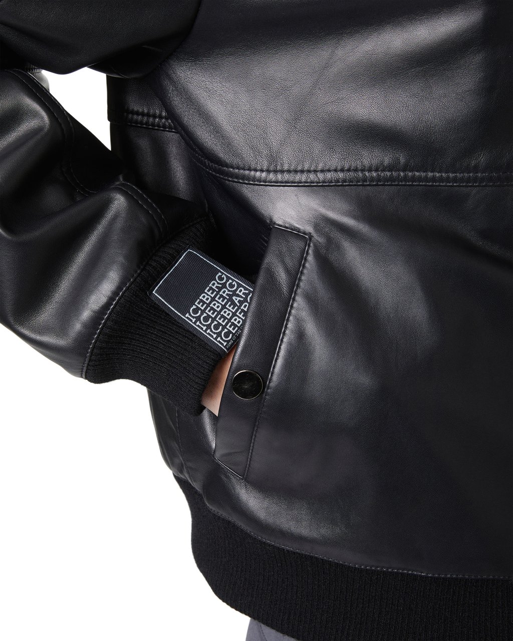 Iceberg Black leather bomber with embroidered patches Zwart