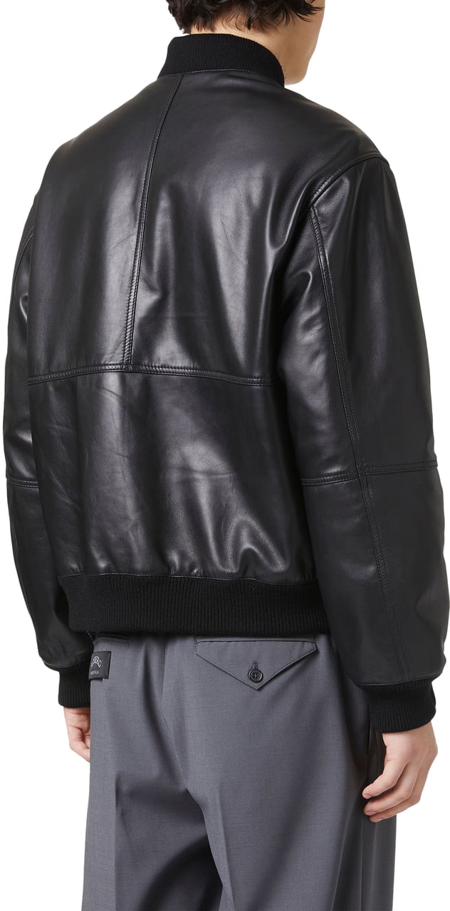 Iceberg Black leather bomber with embroidered patches Zwart