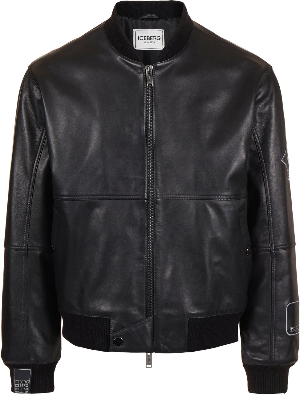 Iceberg Black leather bomber with embroidered patches Zwart