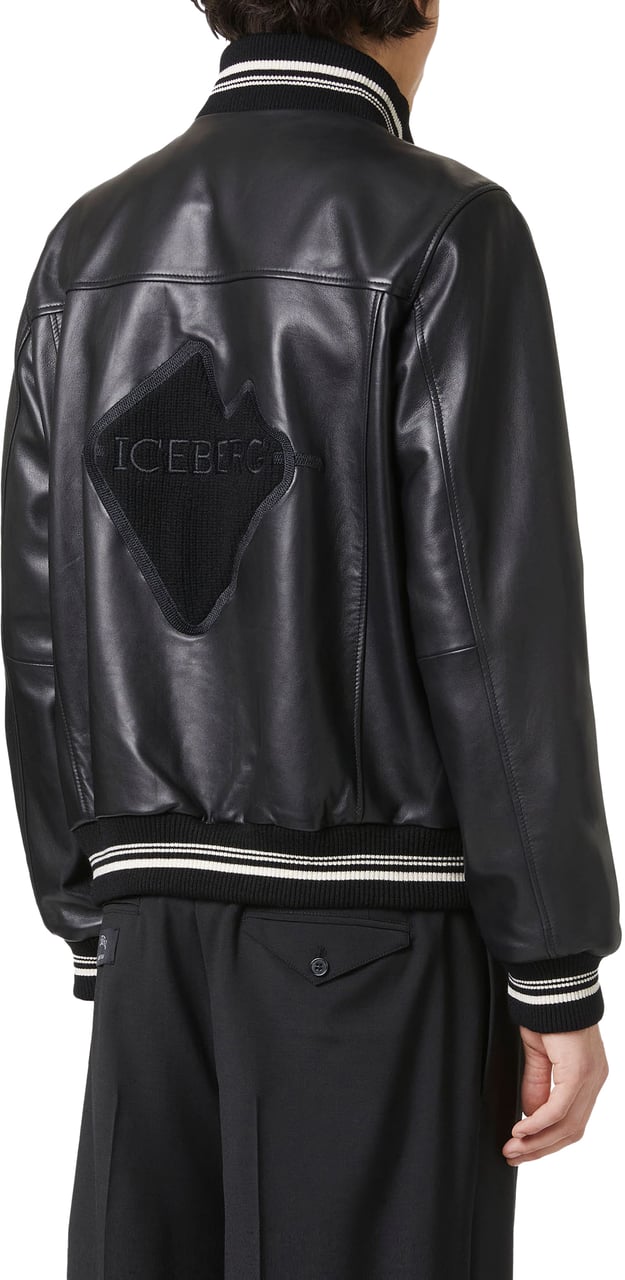 Iceberg Black leather bomber with embroidered Iceberg logo Zwart